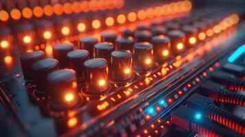 Close-up of illuminated control knobs and switches on a modern audio mixing console in a studio photo