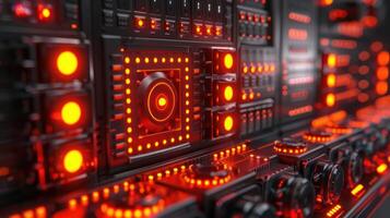 Close-up view of a futuristic control panel with glowing red lights and intricate circuitry photo