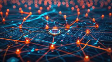 Abstract representation of a digital city map with glowing connections and nodes illustrating data flow photo