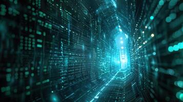 Futuristic digital tunnel showcasing glowing data streams and technology in motion photo