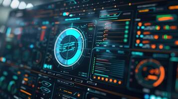 Futuristic digital dashboard displaying data analytics and system monitoring in a tech environment photo