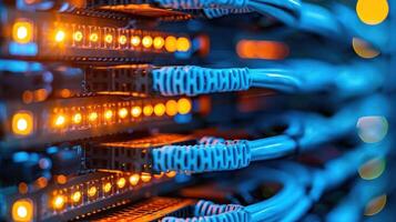 Close-up of illuminated server connections in a data center showcasing technology and network activity photo