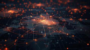 Abstract digital network visualization showing interconnected nodes and data flow across a dark background photo