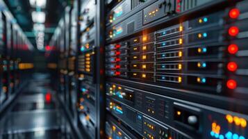 Close-up view of a modern data center with illuminated server racks and cables in action photo