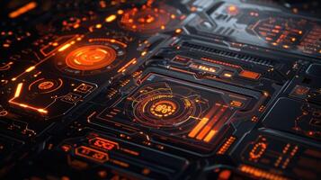 Futuristic digital interface with glowing orange elements showcasing data and metrics photo