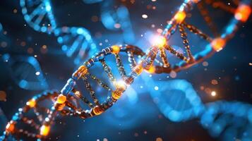 Stunning close-up of a DNA double helix structure with glowing lights in a scientific background photo