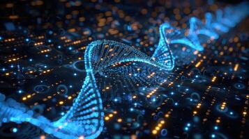 Abstract representation of DNA structure with glowing blue strands over a digital background photo
