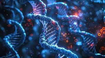 Abstract representation of DNA strands with glowing particles and binary code in a digital environment photo