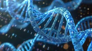 Abstract representation of DNA strands with binary code elements illustrating genetic data analysis photo