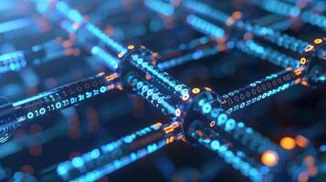 Futuristic digital network with glowing binary data and interconnected nodes in a tech environment photo