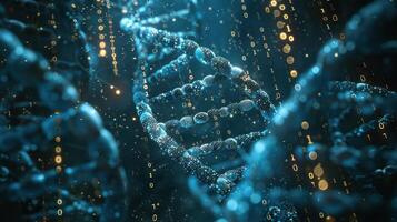 Abstract visualization of a DNA double helix surrounded by glowing binary code and water droplets photo