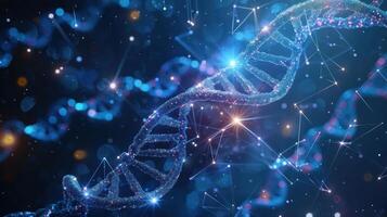 Close-up view of a glowing DNA double helix structure amidst a cosmic background of stars photo