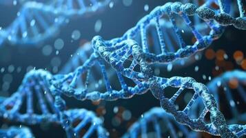 Close-up view of a DNA double helix structure with shimmering blue strands and blurred lights photo