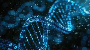 Abstract representation of DNA structure intertwined with digital data, illuminated background effects photo