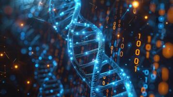 Abstract representation of DNA helix intertwined with binary code, symbolizing genetic data analysis photo