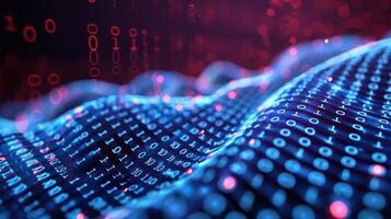 Abstract digital landscape with binary code flowing over waves in a vibrant, tech-inspired background photo