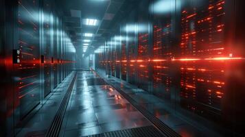 Futuristic data center corridor illuminated with red lights, showcasing rows of servers and technology photo