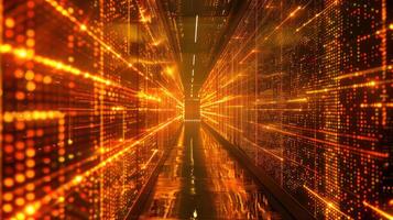 Futuristic data center corridor illuminated with orange lights and digital patterns, reflecting technology photo