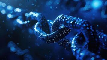Abstract close-up of a digital chain link illuminated in blue light, symbolizing connectivity and technology photo