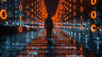 A solitary figure walks on a reflective path surrounded by glowing binary code in a digital landscape photo
