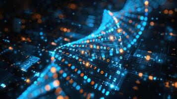 Abstract digital representation of data flow with glowing particles and binary code in a futuristic setting photo