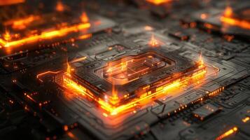 Abstract view of glowing circuitry with orange accents, representing advanced technology and innovation photo