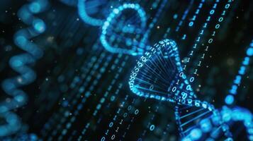 Abstract representation of DNA strands intertwined with binary code, symbolizing data science and genetics photo
