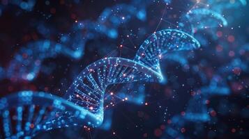 Abstract representation of DNA strands illuminated by blue and red lights in a digital environment photo