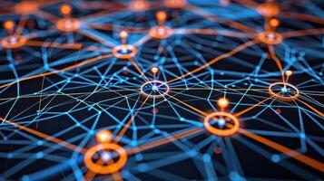 Abstract network visualization with glowing nodes and connecting lines on a dark background photo