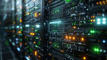 Close-up view of a modern server room with illuminated panels and data cables, showcasing technology photo
