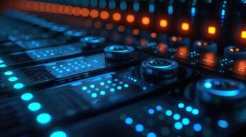 Close-up of illuminated control panel with knobs and buttons in a modern audio studio environment photo