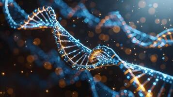 Abstract representation of a glowing DNA double helix with particles in a dark background photo