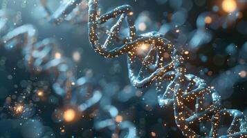 Close-up view of a DNA double helix with glowing particles in a scientific background setting photo
