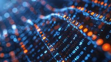 Abstract digital landscape with flowing binary code, glowing lights, and futuristic technology theme photo