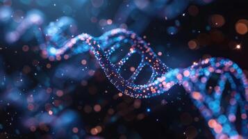 Abstract representation of a DNA double helix with glowing particles and blurred colorful background photo