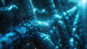 Close-up view of intricate metallic robotic arms intertwined in a futuristic setting with rain photo
