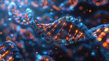Abstract visualization of a DNA double helix with glowing strands in a vibrant digital environment photo