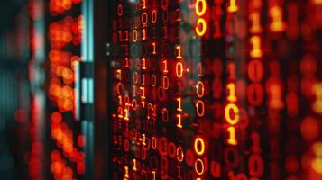 Abstract digital background with red binary code cascading down a server environment photo