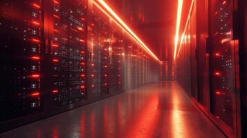 Futuristic data center corridor illuminated by red lights with rows of servers and glowing panels photo