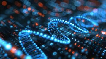 Intricate close-up of a DNA double helix with glowing strands against a digital data backdrop photo