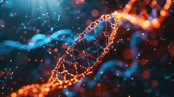 Abstract representation of DNA structure illuminated by colorful particles and light effects photo
