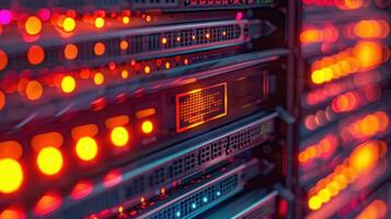 Close-up of illuminated server racks showcasing vibrant lights and data processing in a tech environment photo