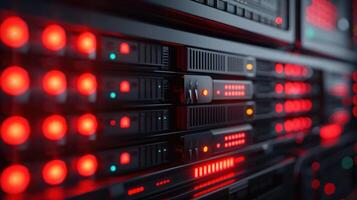 Close-up view of illuminated server racks showcasing data processing technology in a modern data center photo