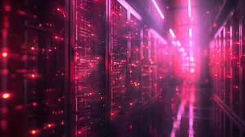 Futuristic data center illuminated by vibrant pink lights, showcasing advanced technology and digital activity photo