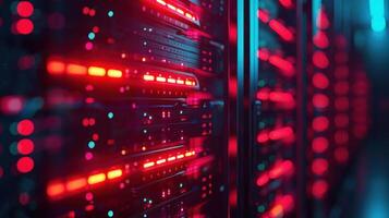 Vibrant server room with illuminated data racks showcasing technology in action photo