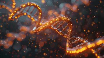 Intricate close-up of a glowing DNA double helix structure amidst a shimmering cosmic background photo