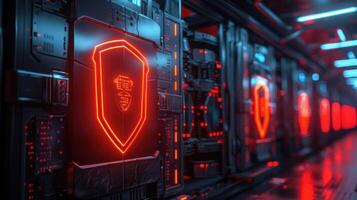 Futuristic server room with glowing red lights and high-tech equipment in a cyberpunk setting photo