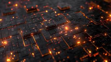 Abstract representation of a futuristic digital circuit board with glowing elements and texture photo