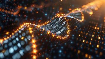 Abstract representation of digital data flow with glowing binary code and light effects photo