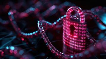 Digital lock surrounded by binary code and glowing chains, symbolizing cybersecurity and protection photo